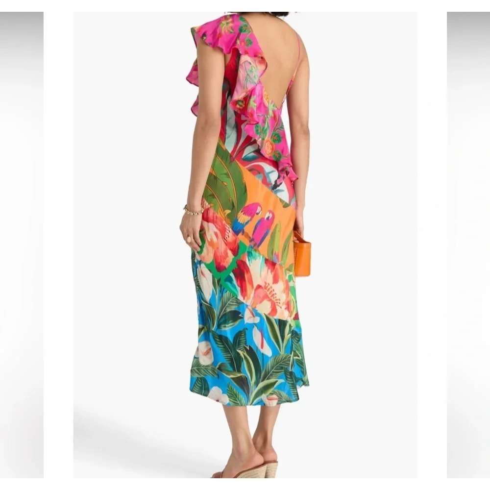 Farm Rio Ruffled Floral Print Satin Crepe De Chine Midi Dress Size Small - Picture 3 of 16